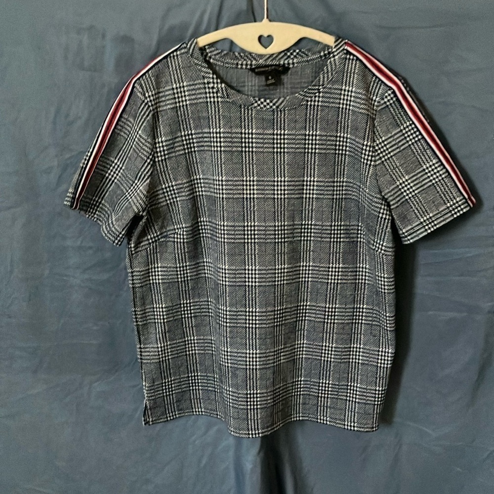 Banana Republic:Black/White plaid shorts sleeve- strips on shoulder-cotton-Top-S